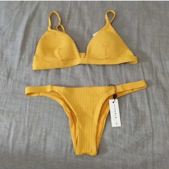 Vitamin A Moss Triangle Bikini Top Carmen Cheeky High Leg Bottom Marigold - Picture 2 of 9